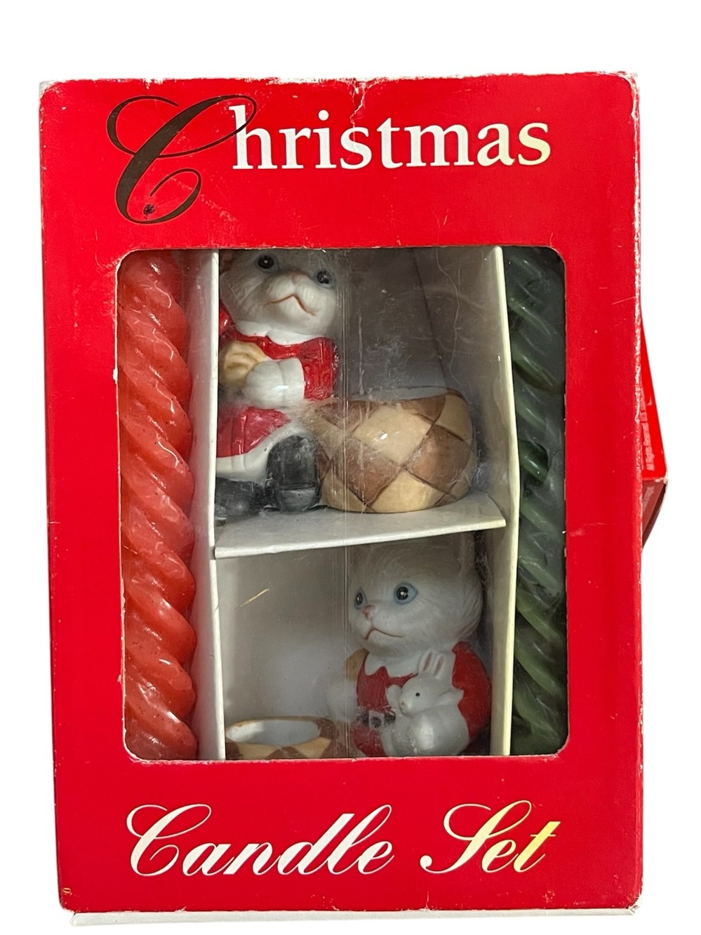 1993 Vntg Christmas Kitty Candle Holders w Candles